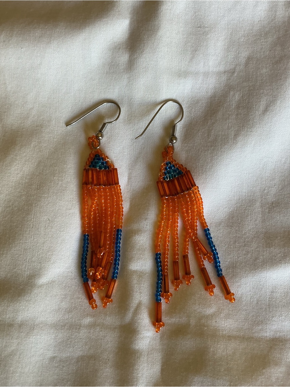 Handmade Orange and Blue Beaded Fringe Earrings